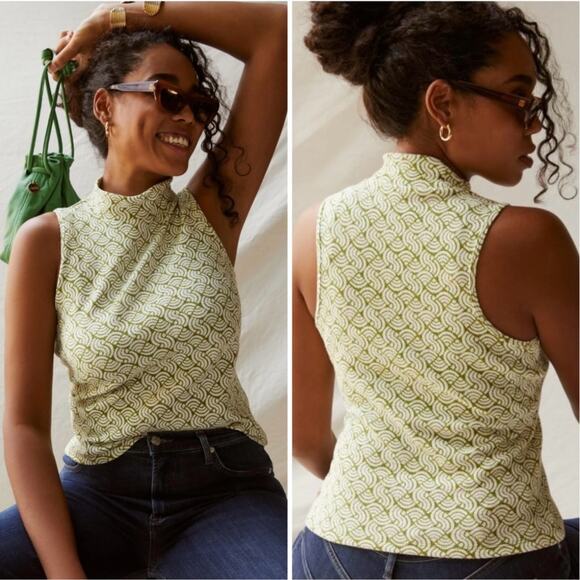 Anthropologie Tops - Maeve Structured Mock Neck Top Size M Green Motif Geometric Mod Anthropologie